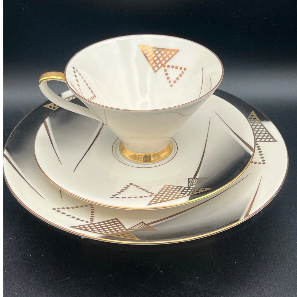 Seltmann Vohenstrauss Bavaria Porcelain Tea cup Set Trio Gold Geometric 3305 MCM